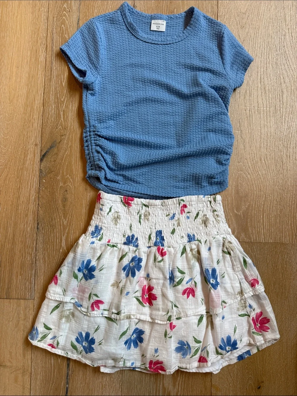 abercrombie kids Blue Textured Tee and Cream Floral Tiered Skirt Set